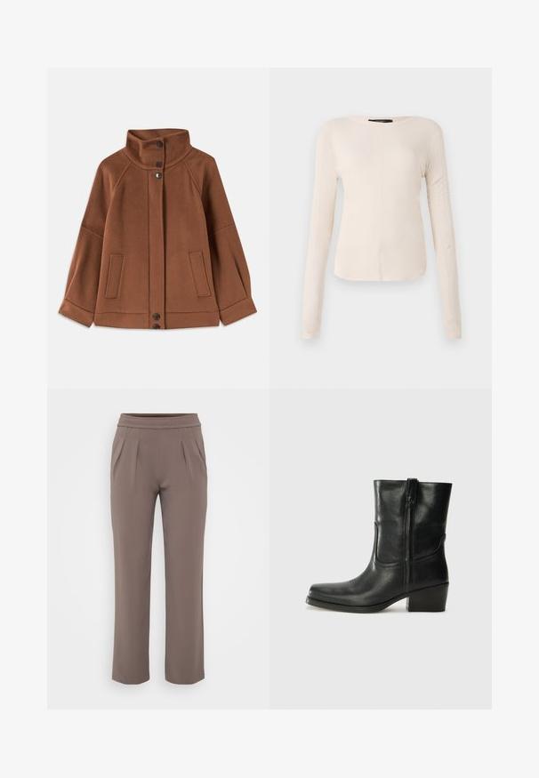 Ruskea villasekoite takki korkealla kauluksella, kolmella napilla ja kahdella etutaskulla; sisältää raglan-hihat ja yksinkertaista ompelua.; Pitkähihainen, vaaleanbeige paita, jossa on pyöreä kaula-aukko. Valmistettu pehmeästä kankaasta, jossa on keskeinen sauma ja hieman kaareva helma. Ei näkyvää metalliosaa.; Harmaat löysät housut, joissa on joustava vyötärö ja etutaskut, valmistettu sileästä kankaasta.; Musta nahkasaapas nilkkamittaisella varrella, pyöreällä kärjellä, lohkarekorolla, sivuvetoketjulla ja ompeluaksentilla varren yläosassa. Suora pinta, klassinen muotoilu.