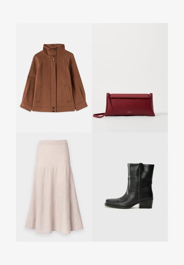 Giacca in misto lana marrone con colletto alto, chiusura a tre bottoni e due tasche frontali; presenta maniche raglan e cuciture semplici.; Canotta nera con spalline sottili, realizzata in un tessuto a coste, caratterizzata da un taglio dritto e un'etichetta sul collo che recita "IVY OAK."; Gonna svasata beige chiaro realizzata in tessuto morbido, caratterizzata da una vita alta e un design plissettato con una silhouette fluida.; Stivale ankle in pelle nera con punta arrotondata, tacco a blocco, cerniera laterale e dettagli in cucitura sulla tomaia. Texture liscia, design classico.; Borsa a pochette rossa in pelle con finitura texturizzata, dotata di un sopra pieghevole piatto e di una tracolla corta. Logo del marchio discreto sulla parte anteriore.