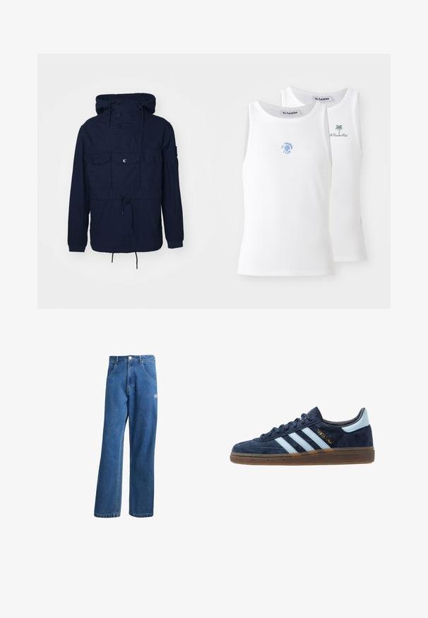 Námořnická modrá větrovka s kapucí, čtyřmi předními kapsami, knoflíkovým zapínáním a nastavitelnou šňůrou v pase. Lehká tkanina.; Dvě bílé tílka s jemným žebrováním, zdobené modrými a zelenými vyšívanými logy. Jedno má design slunce, druhé design palmy.; Modré vysoké široké džíny s vysokým pasem, předními kapsami, poutky na opasek, knoflíkovým zapínáním a malým logem Adidas na pravém stehně.; Námořnické modré semišové tenisky Adidas s světle modrými pruhy, gumovou podrážkou, světle modrým patním poutkem a zlatým nápisem "Spezial" na boku.