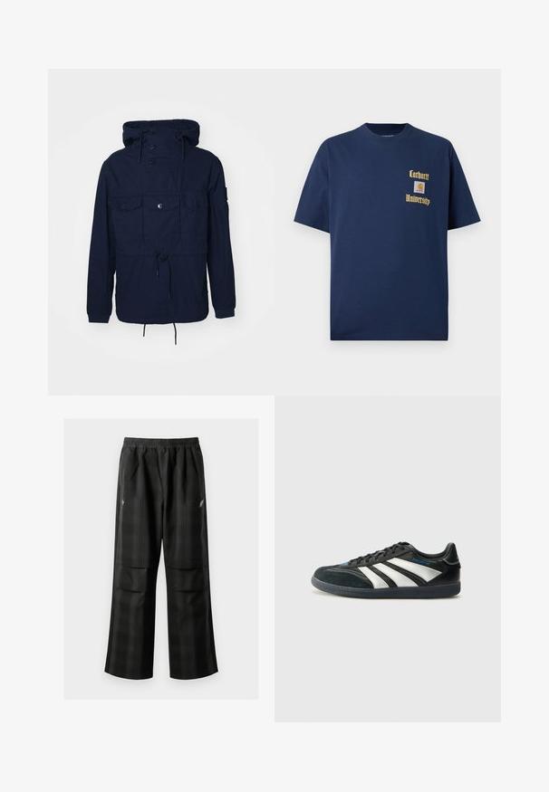 Navy blue windbreaker jacket with a hood, four front pockets, button closures, and adjustable drawstring at the waist. Lightweight fabric.; Navy blue cotton t-shirt with short sleeves, featuring gold text "Carhartt University" and a logo patch on the left chest.; Black plaid pants featuring an elastic waistband, two front pockets, and a loose fit with a straight leg design. Made from lightweight material.; adidas Performance PREDATOR FREESTYLE JUDE INDOOR FOOTBALL SHOES - Indoor football boots - core black/silver-coloured/glory blue