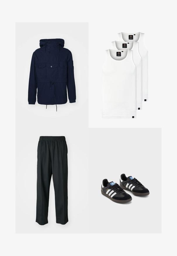 Tumed sinine tuule teejahtimise jakk, millel on kapuuts, neli eesmist taskut, nupud ja reguleeritav nöör vöökohtade ümber. Kerge kangas.; Kolm valget ribaga t-särki, mis on valmistatud puuvillast. Omavad ümmargust kaelanõhku ja väikseid musti silte hemme lähedal. Saadaval erinevates suurustes.; Mustad mustasport püksid elastse vöökoha ja sileda kangaga, millel on tagasihoidlik külgõmblus ning lõdvestatud lõige, sirge jala disain.; Mustad tossud, mille pealseks on seemisnahk ja sünteetilised materjalid, kolme valge triibuga, tekstureeritud kummitald ja sinine logo silt keele peal.