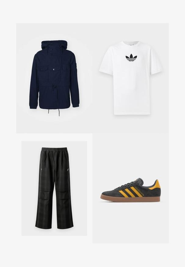 Námornícky modrý vetrovka s kapucňou, štyrmi prednými vreckami, gombíkovými uzávermi a nastaviteľnou šnúrkou v páse. Ľahký materiál.; Biely bavlnený tričko s čiernym logom Adidas v strede. Krátke rukávy a okrúhly výstrih. Hladká textúra.; Čierne kockované nohavice s elastickým pásom, dvoma prednými vreckami a voľným strihom so rovnými nohavicami. Vyrobené z ľahkého materiálu.; Čierne semišové tenisky so žltými akcentmi, ktoré majú tri pruhy a hnedú gumovú podrážku. Obsahujú vypolstrovaný jazyk pre pohodlie.