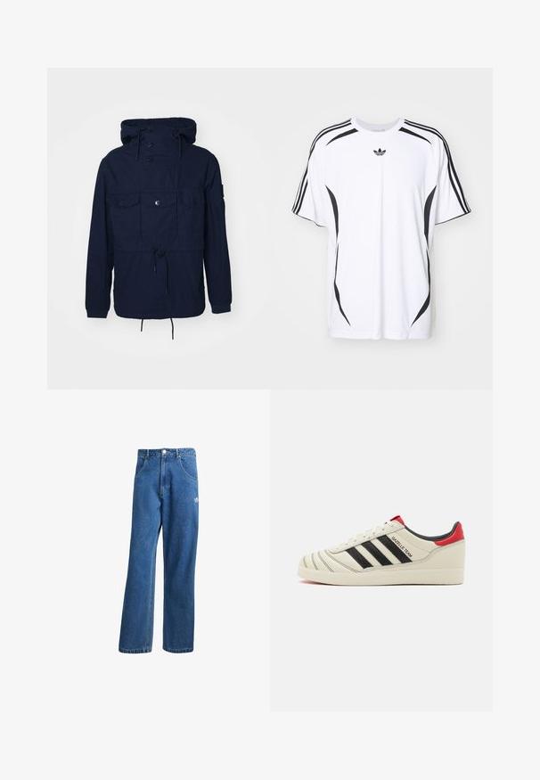 Tamsiai mėlynas vėjo tikslams skirtas striukė su kapišonu, keturiais priekiniais kišenėmis, sagčių uždarymu ir reguliuojama virvele juosmenyje. Lengvas audinys.; Balta trumpa rankovėmis marškinėliai su juodais šonais ir trimis juodomis juostelėmis ant pečių. Įskaičiuotas mažas juodas logotipas ant krūtinės.; Mėlynos aukštu liemeniu plačios džinsinės kelnės su priekinėmis kišenėmis, diržo kilpos, sagčių uždarymu ir mažu Adidas logotipu dešinėje šlaunyje.; Kremo spalvos odiniai sportbačiai su juodomis juostelėmis, raudonais kulno akcentais ir tekstūruotais detalėmis. Yra gumatė padas ir raištelių uždarymas.