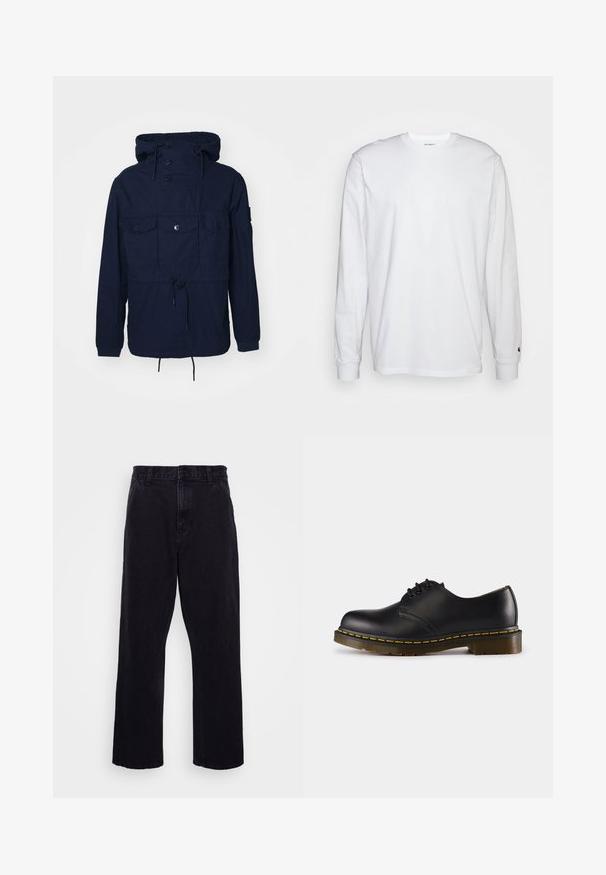 Casaco corta-vento azul-marinho com capuz, quatro bolsos frontais, fechos de botão e cordão ajustável na cintura. Tecido leve.; T-shirt de mangas longas branca feita de algodão. Design de gola redonda com punhos canelados e um pequeno logotipo na manga esquerda. Textura suave.; Calças de denim pretas com um design de perna reta, apresentando um fecho de botão e zíper, passantes para cinto e detalhes de costura mínimos.; Shoe preto de couro com biqueira arredondada, design de atacador, costura amarela ao longo da sola e uma sola de borracha texturizada e robusta.