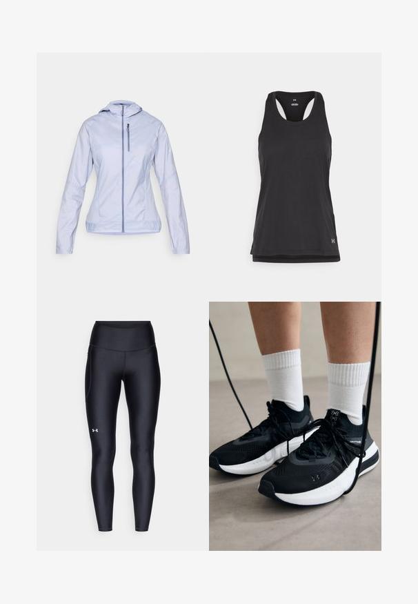 Salomon BONATTI CROSS - Striukė bėgimui - cosmic sky; Juodas sportinis tankinis su apvaliu iškirpimu, lenktais pečiais ir tekstūruotu audiniu. Yra mažas logotipas apatiniame dešiniajame kampe.; Juodos leggingai, pagaminti iš lygaus, elastingo audinio su aukštu juosmeniu. Kairiajame šlaunyje yra baltas logotipas ir tvirta konstrukcija.; Juodi sportiniai batai su tekstūruotu audiniu, balta padu ir juodais raiščiais. Dėvimi su baltais raištiniais kojiniais, stovint lengvame paviršiuje.