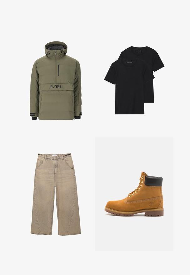 Vihreä puffatakki, jossa on puolivetoketjusuunnittelu, säädettävä huppu ja musta logo. Tekee vaikutuksen sivutaskuilla ja ribbausliepeillä.; Kaksi mustaa puuvillapaitaa lyhyillä hihoilla, pyöreällä kauluksella ja sileällä pinnalla, esillä päällekkäin.; PULL&BEAR MEGA BAGGY - Baggy-farkut - light grey; Valkoinen nahkainen nilkkuri mustalla pehmustetulla kauluksella, kultaisilla metallisilla rei'illä, valkoisella ompeluksella ja jykevällä kumipohjalla, jossa on selvästi näkyvät urat.