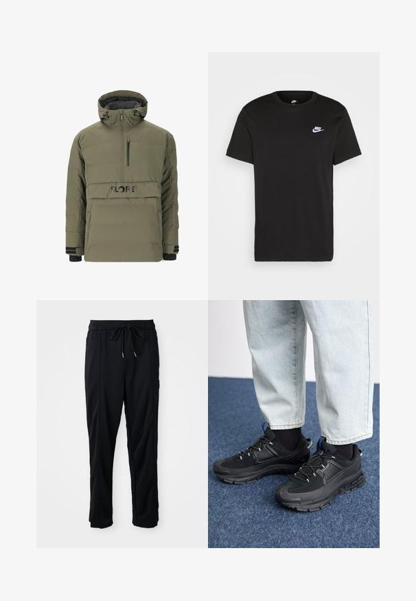 Grüne Puffjacke mit einem halben Reißverschluss, verstellbarem Kapuzendesign und schwarzem Logo. Sie verfügt über Seitentaschen und gerippte Bündchen.; Schwarzes Baumwoll-T-Shirt mit kurzen Ärmeln, Rundhals und kleinem weißem Nike-Logo auf der oberen linken Brust. Glatte Textur. Klassische Passform.; Schwarze lässige Hosen mit Kordelzug und seitlichen Eingrifftaschen sowie geradem Bein auf einem einfarbigen Hintergrund.; Schwarze Sportschuhe aus strukturiertem Stoff mit Gummisohlen, ausgestattet mit elastischen Schnürsenkeln und einem blauen Akzent an der Ferse. Getragen mit hellen Jeans.