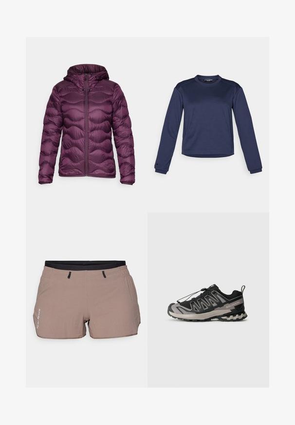 Peak Performance HELIUM HOOD JACKET - Dunjakke - dunkellila; Marine langermet treningstopp i teksturert stoff, rund hals, og kontrasterende skulderpaneler. Har en logo på brystet.; Beige shorts laget av lett stoff, med en strukturert mønster, elastisk midje med svarte detaljer, og to sidelommer.; Svart og grå atletisk sko med mesh-overdel, gummisåle og elastisk snøresystem. Har forsterket tå og teksturerte detaljer.