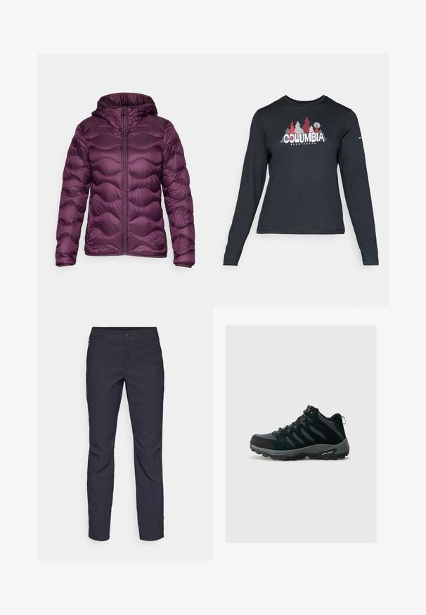Peak Performance HELIUM HOOD - Dunjakker - dunkellila; Langærmet mørkegrå skjorte med grafik af røde træer og bjerge; "COLUMBIA" logo i fed hvid tekst. Blødt stof, standard rund hals.; Mørkeblå bukser lavet af glat stof, med en frontknaplukning, tætsiddende design og pressefolder ved knæene.; Columbia REDMOND - Hikingsko - black/citron haze