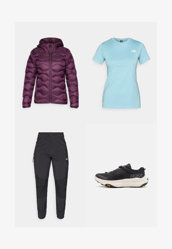 Peak Performance HELIUM HOOD JACKET - Pūkinė striukė - dunkellila; Šviesiai mėlynas medvilninis marškinėliai trumpomis rankovėmis ir apvaliu kaklu; turi mažą baltą logotipą viršutiniame kairiajame krūtinės kampe.; Juodos lauko kelnės, pagamintos iš patvarios medžiagos. Turi užtraukiamas kišenes, sustiprintus kelio plotus ir tiesią konstrukciją, leidžiančią laisvai judėti.; Juodi sportiniai batai su kvėpuojančiu tinklo viršumi, guminėmis padais, baltu amortizuojančiu viduriu ir atspindinčiomis raištelėmis. Vibram logotipas ant padais.