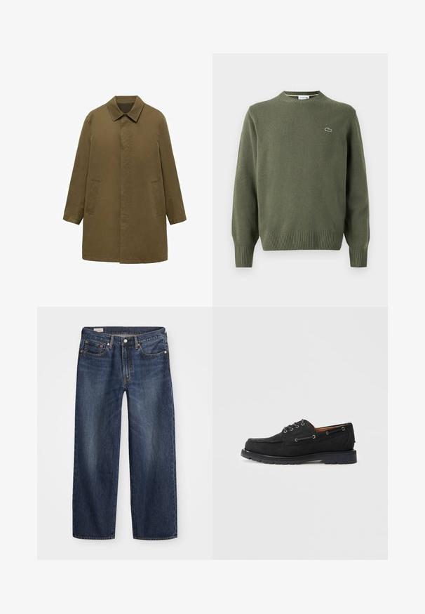 Olijfgroene, knielange jas van een soepel weefsel, met een kraag, verborgen sluiting aan de voorkant en twee zijzakken.; Olijfgroene gebreide trui met een ronde hals, geribde manchetten en zoom, met een klein geborduurd logo op de linkerborst.; Donkerblauwe spijkerbroek met een rechte pijp, vijf zakken, metalen knoop en rits, en subtiele wassingpatronen.; Zwarte suède boot schoenen met vetersluiting, metalen oogjes, contrasterende stiksels en een robuuste rubberen zool voor grip.