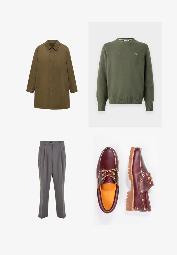 Olivengrøn, knælange frakke lavet af glat stof, med krave, skjult frontlukning og to sidelommer.; Oliven grøn strikket sweater med rund halsudskæring, ribbede manchetter og kant, samt et lille broderet logo på venstre bryst.; Grå plisserede bukser lavet af glat stof, med lige snit, en enkelt knaplukning og bæltestropper. Minimalistisk design.; Bordeaux lædersko med brune gummisåler, rund tå, hvid syning og gyldne snøringer. Indersiden har et gult for.