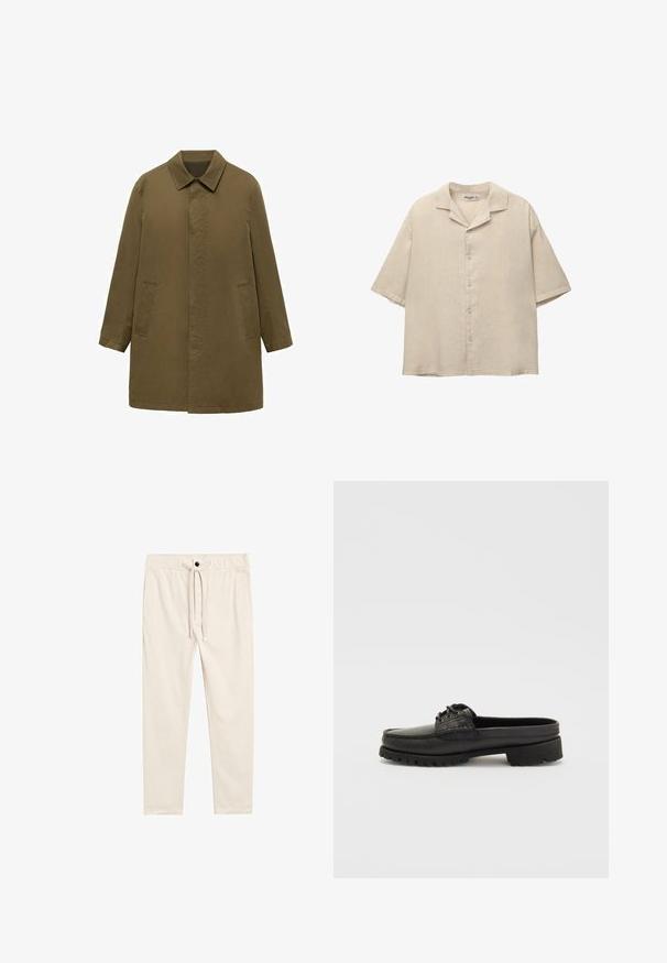 Olivengrøn, knælange frakke lavet af glat stof, med krave, skjult frontlukning og to sidelommer.; Lys beige skjorte med korte ærmer i et let stof, med en klippet krave og fem knapper ned foran, i en afslappet pasform.; Beige, lette bomuldsbukser med elastisk talje, forlommer og knaplukning, med en glat overflade.; Sorte læderslipsko med snøre-detalje, rund tå og tekstureret sål. Har en let hævet hæl og glat overflade.
