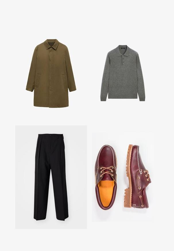 Olivengrøn, knælange frakke lavet af glat stof, med krave, skjult frontlukning og to sidelommer.; Grå langærmet polo skjorte lavet af blødt stof, med en klassisk krave og tre-knap lukning foran.; Sorte plisserede bukser med et lige, bred ben-design. Fremstillet af glat stof, med en knaplukning og bæltesløjfer.; Bordeaux lædersko med brune gummisåler, rund tå, hvid syning og gyldne snøringer. Indersiden har et gult for.