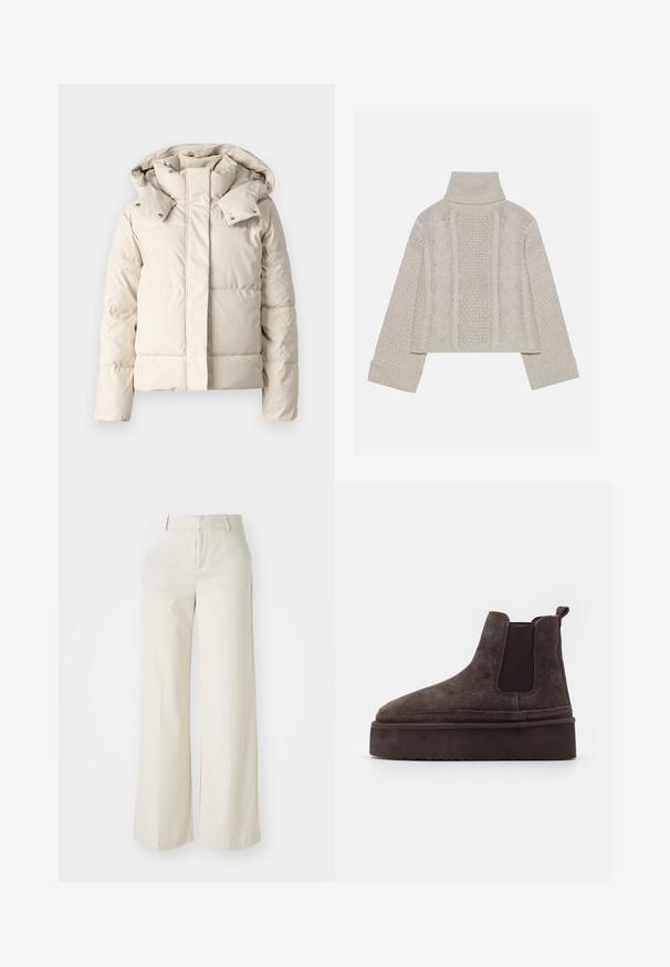 Vero Moda VMGRETAKYLIE NOOS - Žieminė striukė - oatmeal; Sumažintas šviesiai pilkas megztinis su aukštu apykakle ir rūdytomis rankovėmis, su tekstūriniais kabelių raštais nugaroje ir šonuose.; Pločios kojos kelnės šviesiai bežinės spalvos, pagamintos iš lygaus audinio. Yra klasikinis juosmens dizainas ir lygūs priekiniai įsiuvai su švariomis linijomis.; Rudos gamtos nubuko Chelsea batai su elastingomis šoninėmis detalėmis ir storu, tekstūruotu platformos padu. Šiame modelyje yra kilpos elementas kulne, kuris palengvina apsiaustą.