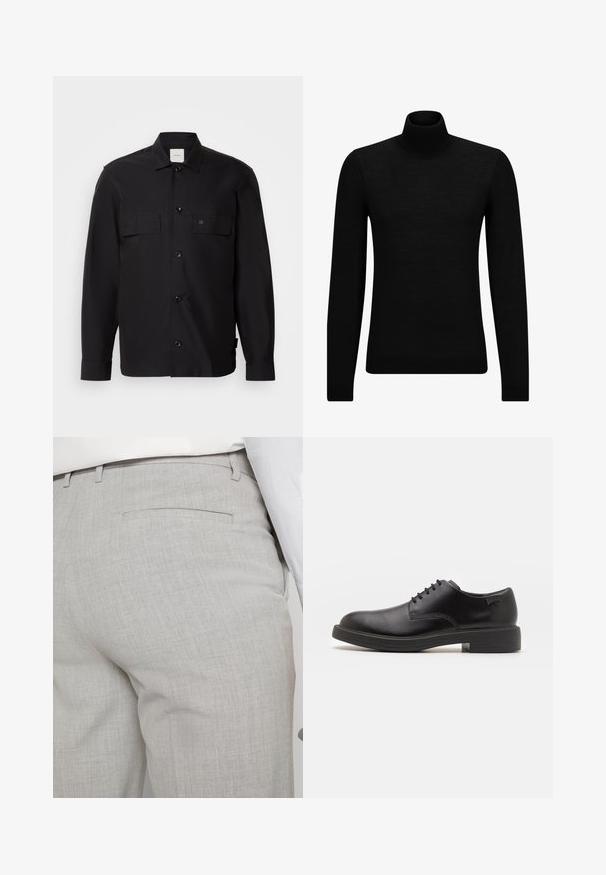 Black jacket made of smooth fabric, featuring a button-up front, two chest pockets, and a small logo on the left pocket. Long sleeves.; Black turtleneck sweater made of soft material, featuring long sleeves and a snug fit. Ribbed trim at the hem and cuffs. Simple design.; Light gray tailored trousers made of textured fabric, featuring a single back pocket and clean stitching.; Black leather lace-up shoe with a rounded toe, smooth texture, minimal stitching, and a low rubber heel. Logo on the heel.