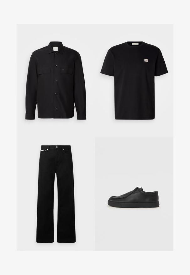 Giacca nera realizzata in tessuto liscio, con chiusura davanti a bottoni, due tasche sul petto e un piccolo logo sulla tasca sinistra. Maniche lunghe.; T-shirt di cotone nero con maniche corte, collo rotondo e un piccolo logo ricamato sul lato sinistro del petto. Texture liscia, vestibilità regolare.; Pantaloni in denim nero con design a gamba larga, dotati di cinque tasche e hardware in metallo per i bottoni. Texture liscia, senza motivi visibili.; Scarpa slip-on in pelle nera con punta arrotondata, dettagli cuciti e suola in gomma nera. Texture liscia con design minimalista.