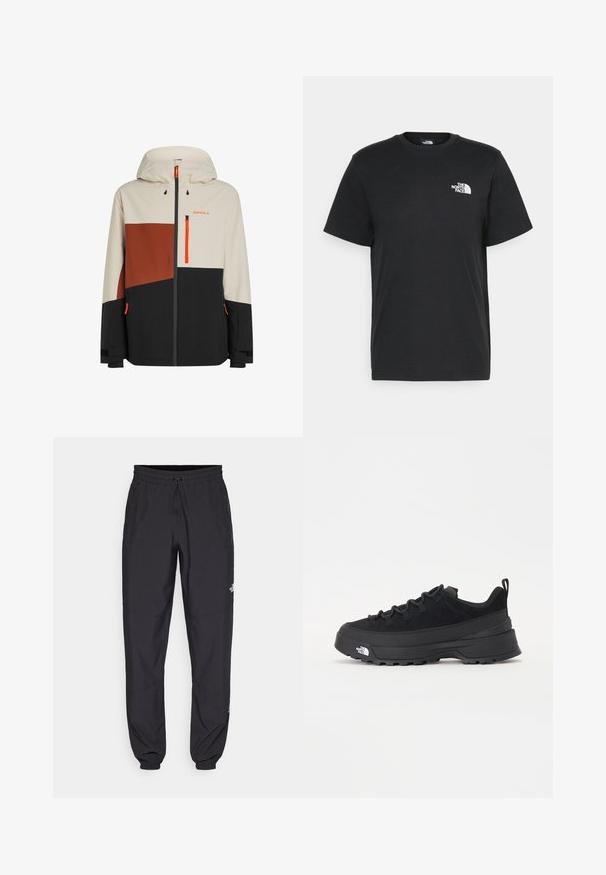 Veste imperméable pour homme avec capuche, blocs de couleurs beige, marron et noir, avec des accents orange et des poches zippées.; T-shirt en coton noir à manches courtes, col rond, avec un petit logo blanc sur la poitrine gauche. Design simple, texture lisse et coupe décontractée.; Pantalon de sport noir en tissu léger, avec une taille à cordon, des poches latérales et des chevilles resserrées.; Baskets de plein air noires avec une tige en daim, semelle en caoutchouc texturé et un système de laçage robuste. Comprend un talon renforcé et un logo de la marque sur le côté.