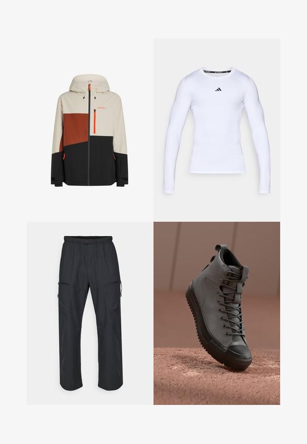 Heren waterdichte jas met een capuchon, in beige, bruin en zwarte kleurvlakken, met oranje accenten en ritszakken.; Witte langarm sportshirt gemaakt van rekbare stof, met een ronde halslijn en een zwart Adidas-logo op de borst.; Zwarte cargo broek met een elastische tailleband, twee ritszakken en een lichte, zachte stofstructuur.; Hoge sneaker van grijs leer met een gestructureerde afwerking, zwarte rubberen neus en grijze veters. Beschikt over een trekkoord aan de hiel.