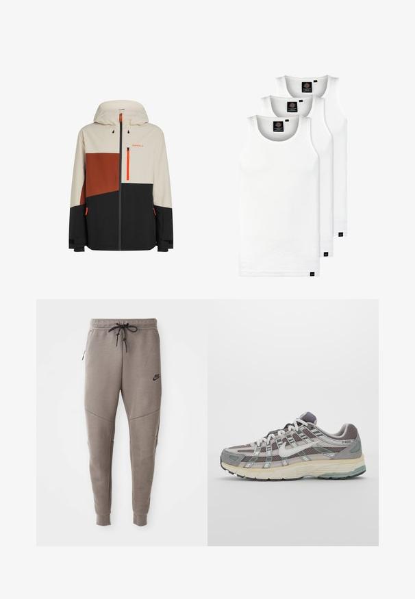 Heren waterdichte jas met een capuchon, in beige, bruin en zwarte kleurvlakken, met oranje accenten en ritszakken.; Drie witte geribde tanktops van katoen. Kenmerken zijn een ronde hals en kleine zwarte labels nabij de zoom. Verkrijgbaar in meerdere maten.; Grijze Nike-sweatpants met een verstelbare tailleband, taps toelopende benen, zijzakken en opvallende naaddetails. Zachte, gestructureerde stof.; Grijze sportieve schoen met een bovenwerk van mesh en suede, witte accenten, een gevoerde zool en een onderscheidend ontwerp met reflecterende elementen.