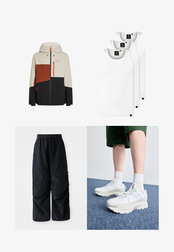 Men's waterproof jacket featuring a hood, beige, brown, and black color blocks, with orange accents and zippered pockets.; Three white ribbed tank tops made of cotton. Features a crew neck and small black labels near the hem. Available in multiple sizes.; Black lightweight nylon cargo pants with elastic waistband, adjustable drawstring, and multiple layered pockets on legs.; White athletic shoes with textured overlays, a chunky sole, and gray accents. Worn with white crew socks and green shorts on a blue surface.