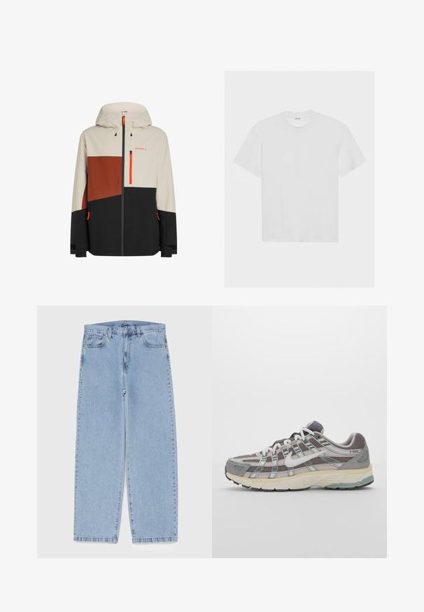 Men's waterproof jacket featuring a hood, beige, brown, and black color blocks, with orange accents and zippered pockets.; White cotton t-shirt with short sleeves, crew neck, and a relaxed fit. Smooth texture and no visible patterns or accents.; Light blue denim jeans with straight leg design, featuring a mid-rise waist, five pockets, and a button and zipper closure.; Gray athletic shoe featuring a mesh and suede upper, white accents, a cushioned sole, and a distinctive design with reflective elements.