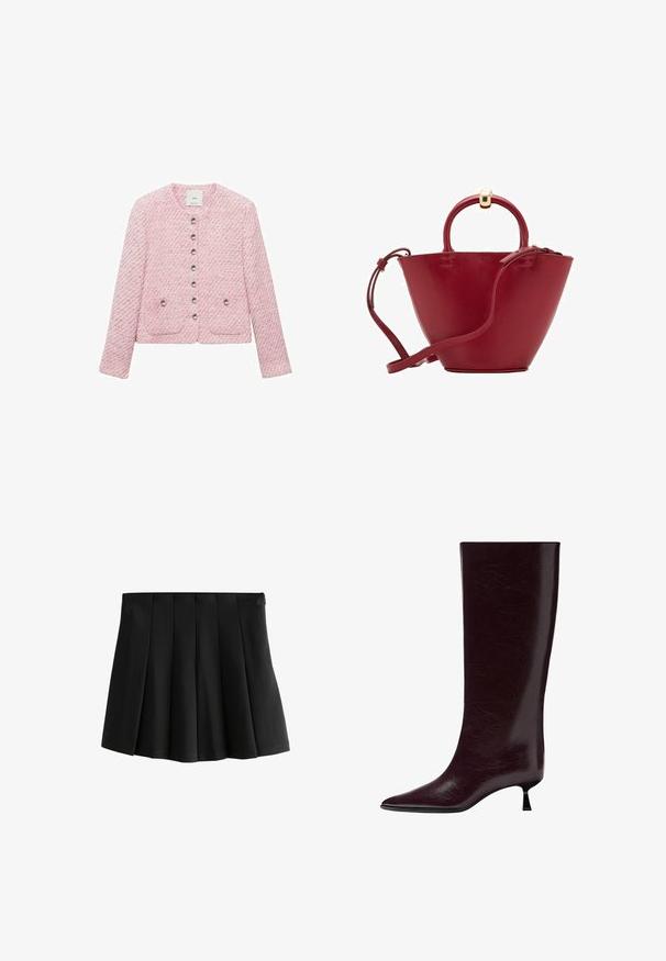 Lyserød tweedjakke med rund halsudskæring, seks metalliske knapper foran og to forlommer. Lange ærmer, struktureret stof.; Cremefarvet sweater med en bølgekantet krave og sølvperle detaljer. Lavet af tekstureret, blødt stof. Har lange ærmer og en afslappet pasform.; Sort plisseret mini skirt med en glat talje og strukturerede omvendte boksplisseringer, isoleret på hvid baggrund.; Kniehøje bordeaux læderstøvler med en slank, struktureret finish, spids tå og en tynd, stablet hæl for ekstra højde.; Rød læderhåndtaske med en afrundet top, struktureret kegleform, en kort håndtag og en aftagelig skulderrem. Har gyldne hardware-detaljer.
