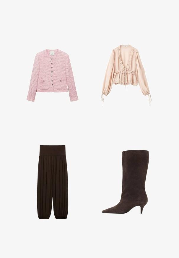 Lyserød tweedjakke med rund halsudskæring, seks metalliske knapper foran og to forlommer. Lange ærmer, struktureret stof.; Blush pink bluse med lange ærmer, flæset halsudskæring, snoretræk i taljen og blondekant ved ærmerne og kanten. Letvægts, tekstureret stof.; Brune plisserede bukser med en bred, elastisk talje. Stoffet er let og tekstureret med indsamlede sømme ved benens afslutninger.; Brun ruskind støvle til knæhøjde med spids tå og mellem høj hæl, der har en glat tekstur og elegant design.