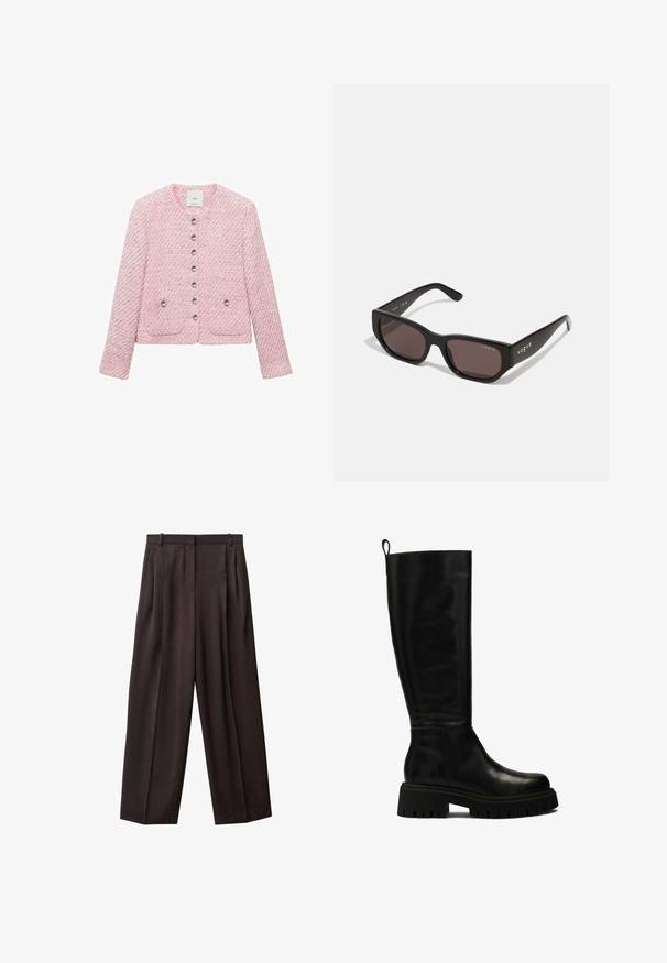 Lyserød tweedjakke med rund halsudskæring, seks metalliske knapper foran og to forlommer. Lange ærmer, struktureret stof.; Hvid T-shirt med korte ærmer lavet af bomuld, med rund hals, lige nederkant og blød, glat tekstur. Ingen mønstre eller grafik.; Bredde benbukser i mørkebrun stof. Funktioner inkluderer plisseringer foran, en talje med bæltesløjfer og sidelommer. Glat tekstur.; Sorte læderstøvler til knæene med et strømlinet design, rund tå og kraftig gummisål med dybe riller og et greb på toppen.; Sorte rektangulære solbriller med mørke linser. Har en glat plastisk ramme og logo-detalje på stængerne. Rent, moderne design.