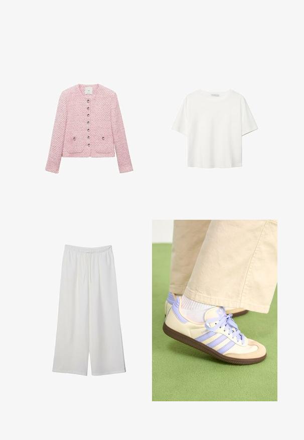 Ružová tweedová bunda s okrúhlym výstrihom, šiestimi kovovými gombíkmi na prednej strane a dvoma prednými vreckami. Dlhé rukávy, štruktúrovaná látka.; Biela krátkopsová tričko vyrobené z bavlny. Má okrúhly výstrih a voľný strih. Hladká textúra bez viditeľných vzorov alebo akcentov.; Biele široké nohavice z ľahkého materiálu s elastickým pásom a šnúrkou na nastavenie veľkosti. Hladká textúra.; Krémovo-fialové tenisky so tromi pruhmi a štruktúrovanou hnedou podrážkou, s šnúrkami a polstrovaným opätkom. Mäkký textilný zvršok.