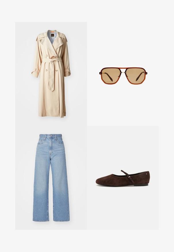 Beżowy płaszcz trenchowy wykonany z lekkiego materiału, zapinany na podwójne guziki, z paskiem w talii i pagonami na ramionach.; Biała koszula zapinana na guziki z ostro zakończonym kołnierzykiem, długimi rękawami i małym niebieskim logo na lewej stronie klatki piersiowej. Wykonana z bawełnianej tkaniny.; Jasnoniebieskie jeansy z wysokim stanem i szerokimi nogawkami, z zapięciem na guziki i zamek z przodu, przednie i tylne kieszenie, na białym tle.; Brązowe zamszowe baleriny z okrągłym noskiem, małym regulowanym paskiem i płaską podeszwą. Design jest bezszwowy, z minimalnymi akcentami.; Brązowe ośmiokątne okulary przeciwsłoneczne z przezroczystą bursztynową oprawką i brązowymi soczewkami. Posiadają metalowy akcent na nosku oraz smukłe zauszniki.
