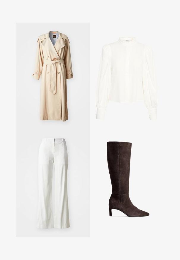 Beige trench coat made of lightweight fabric, double-breasted design with large buttons, belted waist, and epaulets on shoulders.; White long-sleeve blouse with a textured, crinkled fabric. Features a high, ruffled collar and button closure. Wide puffed sleeves and cuffed wrists.; White, high-waisted wide-leg pants made of lightweight fabric. Features flat front, rear pockets, and a clean, simple design.; Brown suede knee-high boot with a pointed toe and 3-inch heel. Smooth texture, sleek silhouette, and minimalistic design.