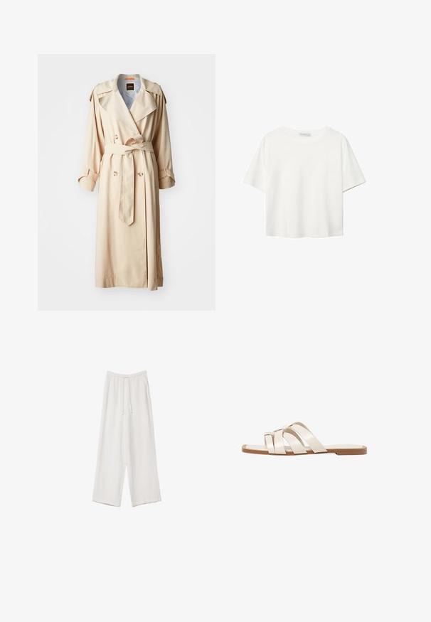 Béžový trench coat vyrobený z ľahkej tkaniny, dvojradový strih s veľkými gombíkmi, opasok v páse a epauletky na pleciach.; Biela krátkopsová tričko vyrobené z bavlny. Má okrúhly výstrih a voľný strih. Hladká textúra bez viditeľných vzorov alebo akcentov.; Biele široké nohavice vyrobené z ľahkej tkaniny. Obsahujú elastický pás so sťahovacou šnúrkou a bočné vrecká. Hladká textúra.; Ploché sandále s hnedou gumovou podrážkou, navrhnuté s tromi prekrývajúcimi sa bielymi koženými popruhmi a malou mašličkou uprostred.