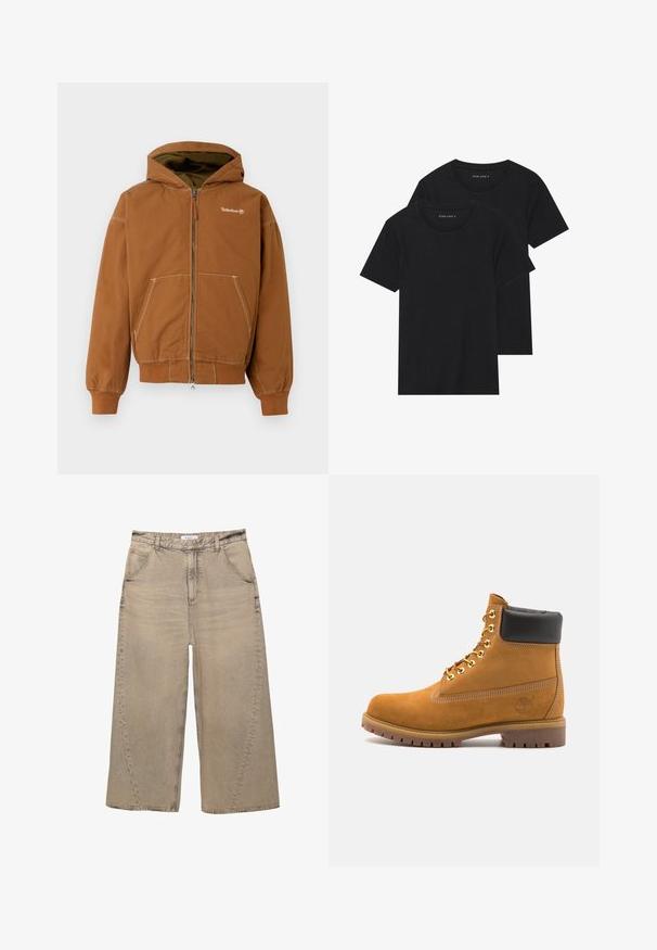 Brauner Reißverschluss-Hoodie mit gefütterter Kapuze, Fronttaschen, Rippbündchen und kontrastierendem Nähen. Timberland-Logo auf der Brust.; Zwei schwarze Baumwoll-T-Shirts mit kurzen Ärmeln, runden Ausschnitten und einer glatten Textur, übereinander gestapelt.; PULL&BEAR MEGA BAGGY - Baggy Jeans - light grey; Beige Wildleder-Ankle-Boot mit schwarzem gepolstertem Kragen, goldenen Metallösen, weißen Nähdetalben und einer robusten Gummisohle mit ausgeprägtem Profil.