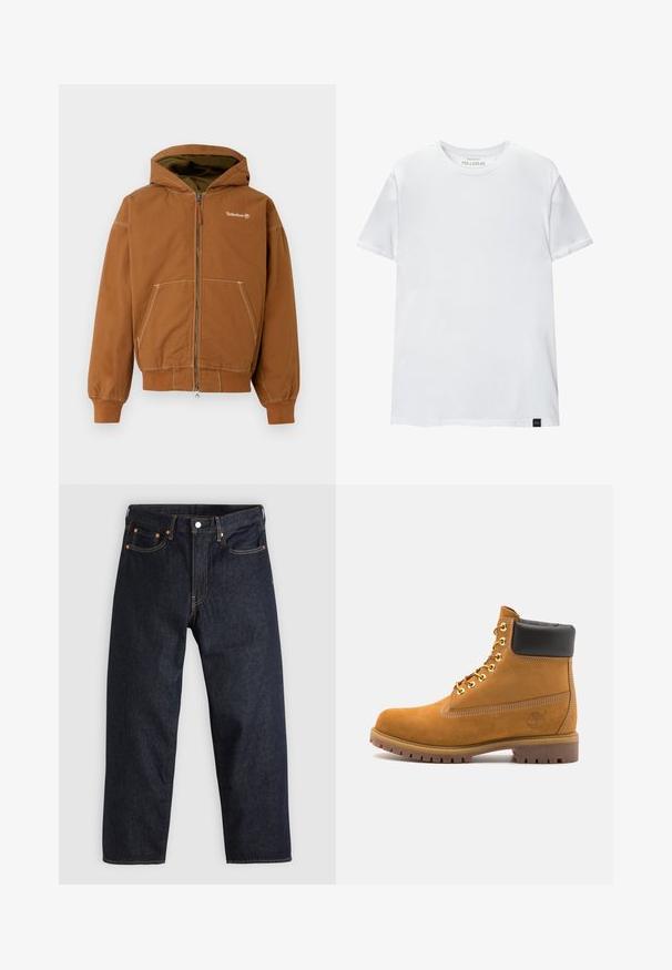 Felpa con zip di colore marrone, con cappuccio foderato, tasche frontali, polsini a costine e cuciture a contrasto. Logo Timberland sul petto.; T-shirt bianco attillato in cotone. Collo rotondo, maniche corte, texture liscia. Piccola etichetta nera al fondo. Design semplice.; Jeans in denim blu scuro con taglio dritto, cinque tasche, cuciture arancioni a contrasto e chiusura con bottone. Nessun motivo o decorazione visibile.; Stivale alla caviglia in suede tan con collare imbottito nero, occhielli in metallo dorato, dettagli in cucitura bianca e suola in gomma robusta con battistrada pronunciato.