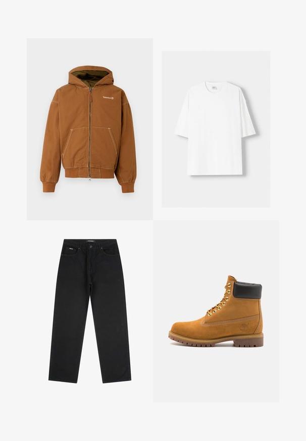 Hnedé zipsové mikina s podšitým kapucňou, prednými vreckami, rebrovanými manžetami a kontrastným šitím. Logo Timberland na hrudi.; Biela tričko s krátkym rukávom vyrobené z bavlny, s okrúhlym výstrihom a voľným strihom. Hladká textúra, bez viditeľných vzorov alebo akcentov.; Čierne rovné džínsy so zapínaním na gombík a zips, pútka na opasok a dizajn s piatimi vreckami, položené na bielom pozadí.; Tyrkysové semišové členkové topánky s čiernym polstrovaným golierom, zlatými kovovými očkami, bielym prešívaním a robustnou gumovou podrážkou s výraznými drážkami.