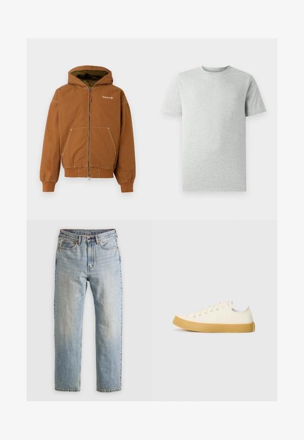 Brun hættetrøje med lynlås, foret hætte, frontlommer, ribbede ærmer og kontrasterende syninger. Timberland-logo på brystet.; En simpel lys grå kortærmet T-shirt med rund hals, vist på en hvid baggrund, set foran uden synlige logoer eller designs.; Lysblå denim jeans med høj talje, frontknap, lynlås og fem-lomme design, lagt fladt på en neutral baggrund.; Læder sneakers i off-white med rund tå, der har beige gummisåler og fem øjer til snørebånd, struktureret finish på overdelen.