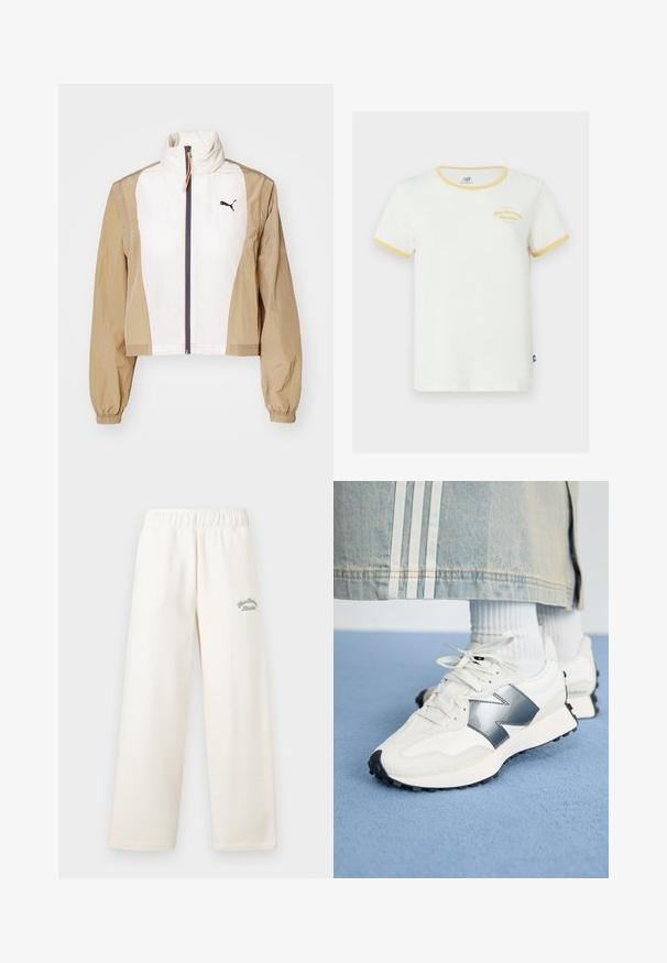 Giacca cropped con davanti bianco e maniche color sabbia, dotata di colletto alto, chiusura con zip, polsini elasticizzati e un logo scuro sul petto.; T-shirt bianco in cotone con colletto e polsini gialli a coste. Presenta un logo ricamato giallo sul davanti. Vestibilità regolare.; Pantaloni a gamba larga di colore crema realizzati in materiale morbido con cintura elastica. Presentano un delicato testo ricamato di colore verde sul davanti.; Sneaker sportive bianche con un accento argento, tessuto testurizzato e pelle liscia; dotate di una suola in gomma nera e lacci.