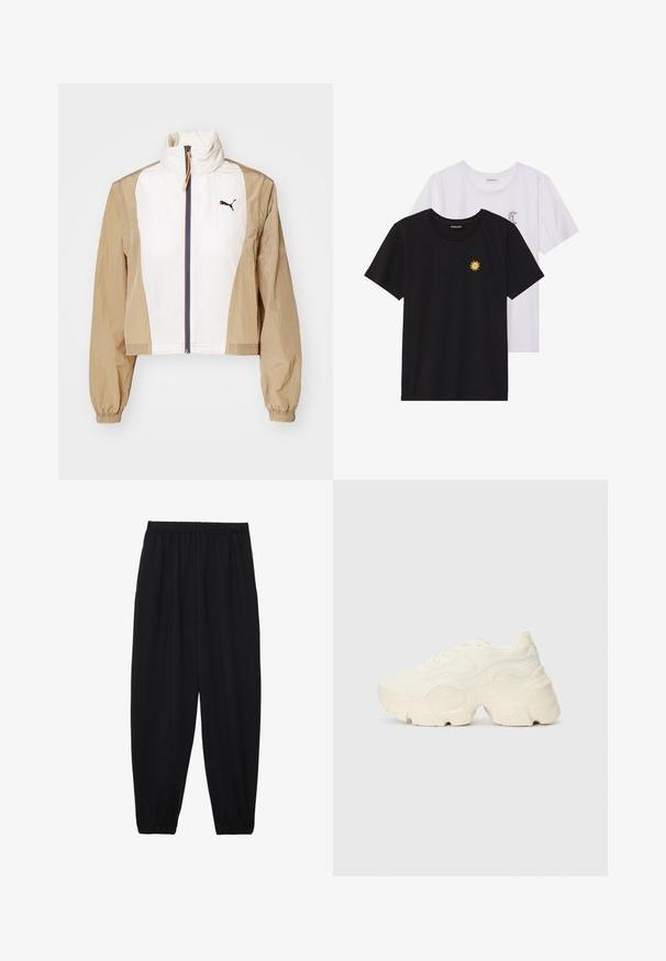 Kort jasje met een witte voorkant en tan mouwen, met een hoge kraag, ritssluiting, elastische manchetten en een donker logo op de borst.; Zwart-witte T-shirts, ronde hals, korte mouwen. Het zwarte shirt heeft gele zon-geborduurde details; het witte shirt heeft een purperen halve maan accent.; Zwarte, lichte broek met een elastische tailleband en gathered enkels. De stof is glad en heeft een ontspannen, taps toelopend ontwerp.; Chunky witte sneakers gemaakt van geperforeerd mesh en synthetische materialen, met een dikke zool en ingewikkelde patroon details aan de zijkanten.