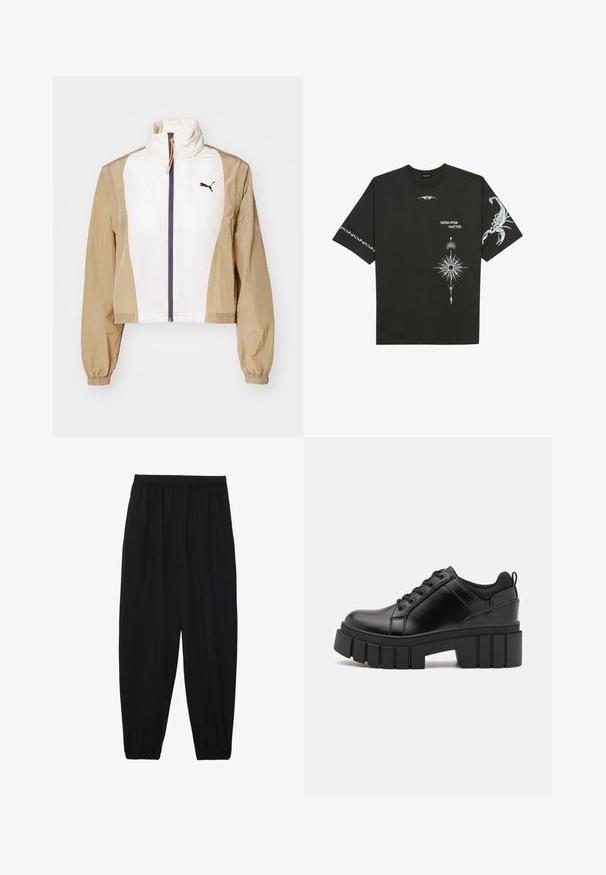 Cropped jacket with a white front and tan sleeves, featuring a high collar, zip closure, elastic cuffs, and a dark logo on the chest.; Black cotton t-shirt featuring white graphic prints, including a scorpion and abstract designs. Short sleeves; round neckline.; Black, lightweight pants with an elastic waistband and gathered ankles. The fabric is smooth and features a relaxed, tapered design.; Black leather platform shoes with a chunky block heel, round toe, and traditional lace-up design. Features smooth texture and minimal detailing.