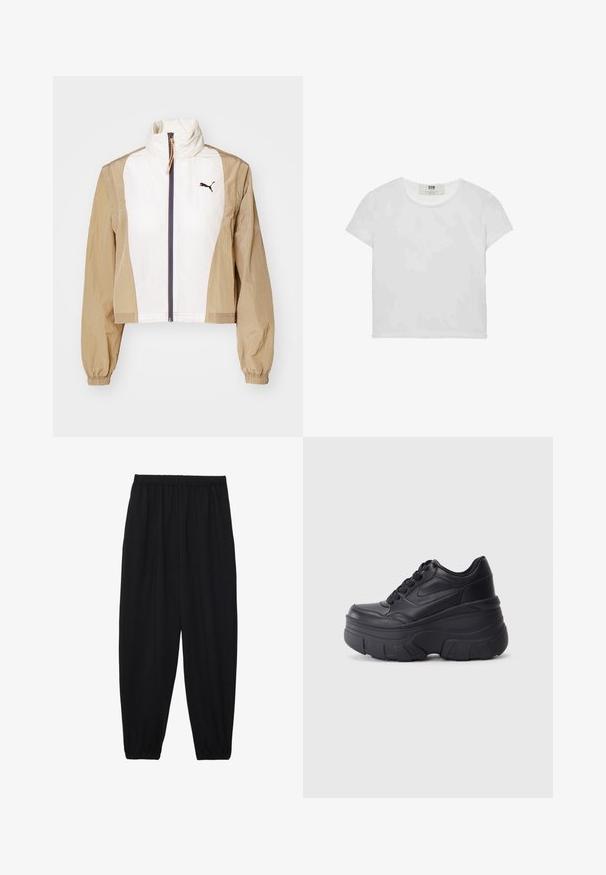 Gekürzter Jacke mit einer weißen Vorderseite und braunen Ärmeln, ausgestattet mit einem hohen Kragen, einem Reißverschluss, elastischen Bündchen und einem dunklen Logo auf der Brust.; Weißes T-Shirt mit kurzen Ärmeln und Rundhalsausschnitt, aus weicher Baumwolle gefertigt, mit einem schlichten, sauberen Design ohne sichtbare Muster oder Akzente.; Schwarze, leichte Hosen mit einem elastischen Bund und gerafften Knöcheln. Der Stoff ist glatt und hat ein entspanntes, schmal zulaufendes Design.; Schwarze Schnürsneaker mit einer klobigen Sohle, ausgestattet mit einem glatten Leder-Obermaterial, runder Zehenpartie und markantem, geschichteten Plattformdesign.