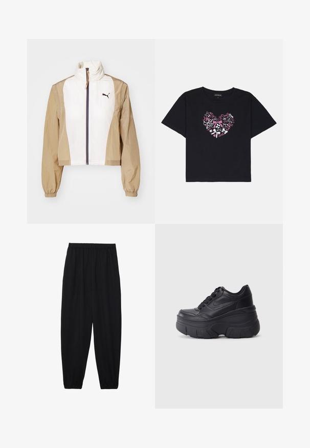 Rövidített dzseki fehér elülső résszel és barna ujjakkal, magas gallérral, cipzáras záródással, rugalmas mandzsettákkal, és sötét logóval a mellen.; Fekete pamut póló rövid ujjakkal, középen színes masnikból készült szívmintával, pink, fehér és fekete színekben.; Fekete, könnyű nadrág elasztikus derékkal és ráncolt bokákkal. Az anyag sima és laza, szűkített dizájnnal rendelkezik.; Fekete fűzős sportcipők vastag talppal, sima bőrből készült felső résszel, kerek orral és jellegzetes, réteges platform dizájnnal.