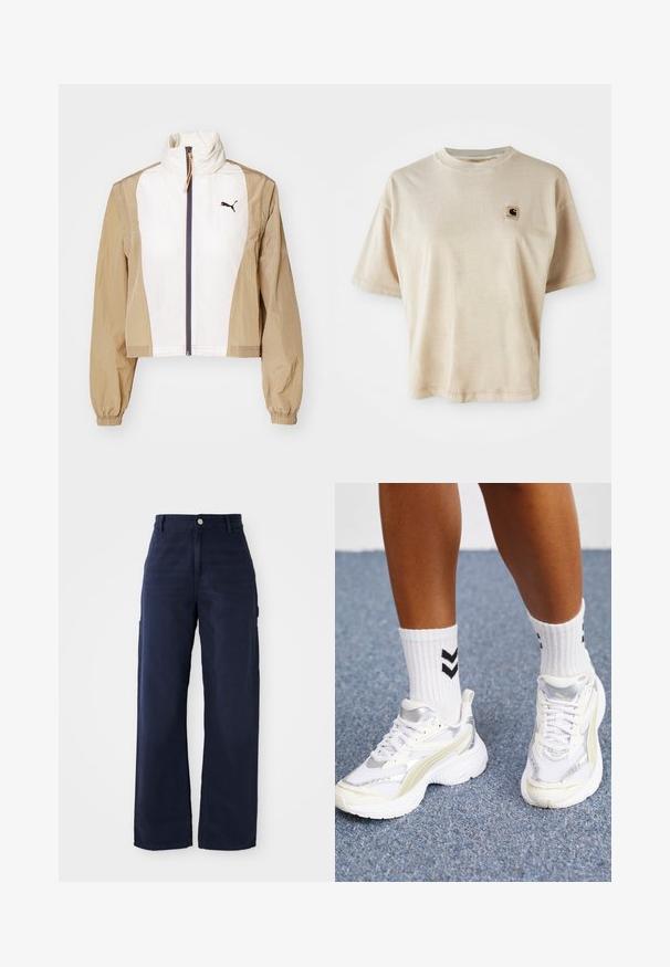 Pasėtas švarkas su baltu priekiu ir šviesiai rudomis rankovėmis, turintis aukštą apykaklę, užtrauktuką, elastingas rankoves ir tamsų logotipą ant krūtinės.; Smėlinis medvilninis marškinėliai su laisvu siluetu, apvaliu iškirpimu, trumpomis rankovėmis ir mažą kvadratinį logotipą kairėje krūtinės pusėje.; Tamsiai mėlynos plačios kojų cargo kelnės, pagamintos iš tvirto medvilninio audinio, su šoninėmis kišenėmis ir sagčių uždarymu juosmenyje.; Baltos sportbačiai su sidabro akcentais, tinklelio medžiaga ir masyvūs dizainai. Suderinti su baltais kojiniais, turinčiais juodus zigzago raštus.