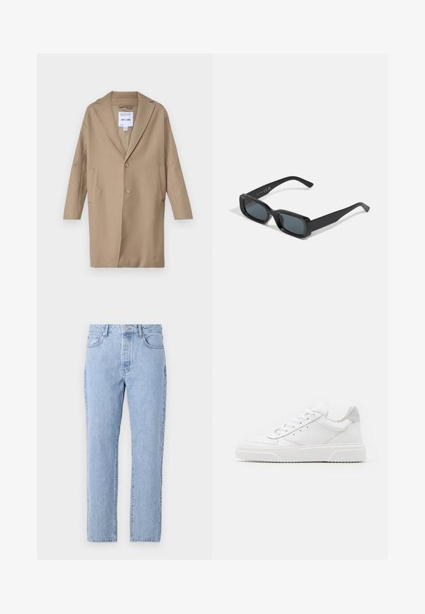 Only & Sons ONSWORF LIFE - Manteau classique - chinchilla; T-shirt en coton blanc à manches courtes, col rond et coupe décontractée. Texture lisse sans motifs ou accents visibles.; Jean en denim bleu clair avec une coupe droite, cinq poches et une fermeture à bouton. Texture douce avec une finition vieillie classique.; Des baskets en cuir blanc avec une finition lisse, un bout rond, des lacets plats et une semelle texturée. Accents en daim gris au niveau du talon.; Lunettes de soleil noires rectangulaires avec des verres sombres. Monture brillante, branches droites avec une légère courbure. Design minimaliste, sans embellissements.