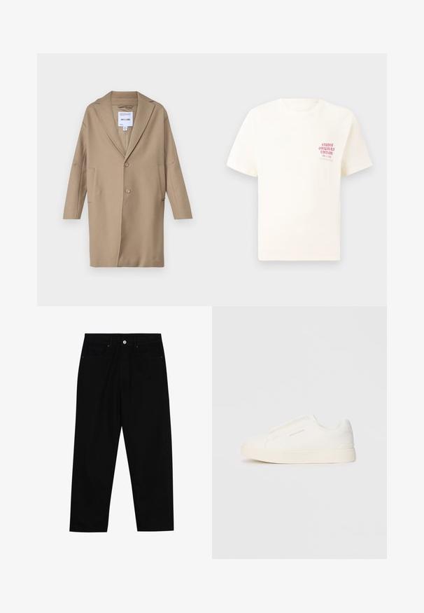 Only & Sons ONSWORF LIFE - Klassikaline mantel - chinchilla; Valge lühikeste varrukatega T-särk, millel on vasakul rinnal punane tekst "Studio Originals Edition", esitatud neutraalsel hallil taustal.; Mustadest denimist püksid, millel on sirge jalg, viie tasku disain ja eesnupuga sulgur. Sile tekstuur koos minimaalsete õmblustega.; Valged libisemiskindlad tossud tekstuuriga pinnaga, paksu tallaga ja minimalistikus disainis. Küljel on brändi logo.