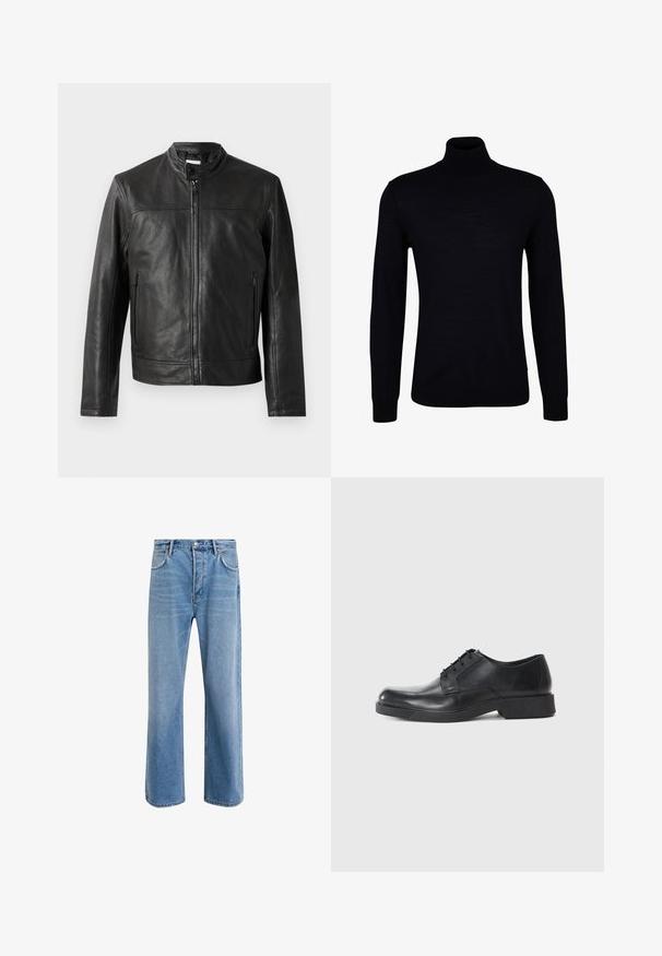 Černá kožená bunda s vztyčeným límcem, předním zipovým zapínáním a dvěma bočními zipovými kapsami. Hladká textura a minimalistický design.; Černý rolák z hladkého pleteného materiálu. Má dlouhé rukávy, přiléhavý límec a žebrované manžety a lem pro těsný střih.; Světle modré džínové kalhoty s rovnými nohavicemi, pěti kapsami, zapínáním na knoflík, minimálním vyblednutím a kontrastním prošitím.; Černé kožené společenské boty se zaoblenou špičkou, šněrovacím designem a nízkým blokovým podpatkem. Hladká textura a minimalistický profil.