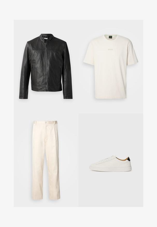 Must musta jope, millel on püsti kaelus, ees lukuga kinnitamine ja kaks külgmist lukuga taskut. Sile tekstuur ja minimalistlik disain.; BOSS TEE - Lihtne T-särk - open white; Beesidised puuvillased püksid sirge jala lõikega, mis on varustatud nööpkinnituse ja ees olevate voltidega, et lisada detaili.; Valge sneaker, millel on sile nahk pealis, ümmargune varvas ja lame tald. Must aktsent kandadel, ton-sümpaatne paeltega ja minimaalne bränding.