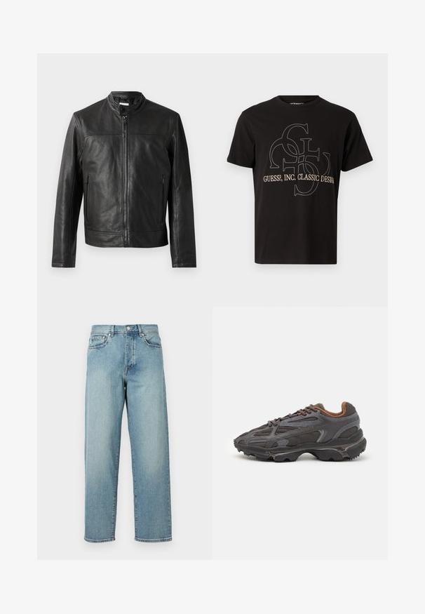 Black leather jacket with a stand-up collar, front zip closure, and two side zip pockets. Smooth texture and minimalist design.; Black t-shirt made of cotton featuring a large logo design in gray and beige with the text “Guess?, Inc. Classic Design” centered.; Light blue denim jeans with a loose fit, straight legs, five-pocket design, and a button closure at the waist. Minimalistic stitching detail.; Lacoste sneakers in dark gray with mesh and synthetic material, featuring a textured sole and brown accents on the collar and branding.