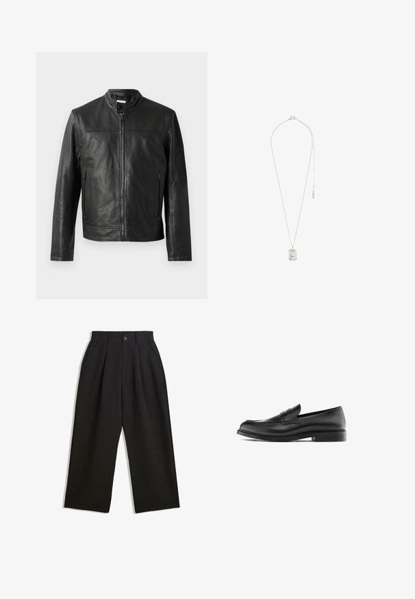 Sort læderjakke med en opretstående krave, lynlås foran og to sidelommer med lynlås. Glat tekstur og minimalistisk design.; Sort langærmet henley skjorte lavet af blødt stof, med en knaplukning, rund halsudskæring og tætsiddende ærmer.; Sorte bukser med en afslappet pasform, der har plisseringer foran, sidelommer og knaplukning. Fremstillet af tekstureret stof.; Sorte læder penny loafers med lav hæl, afrundet tå og syninger langs overdelen, vist i sideprofil på en hvid baggrund.; Sølvsmykke med en rektangulær vedhæng med indviklet design, en fin kæde og en justerbar lås til længdejustering.