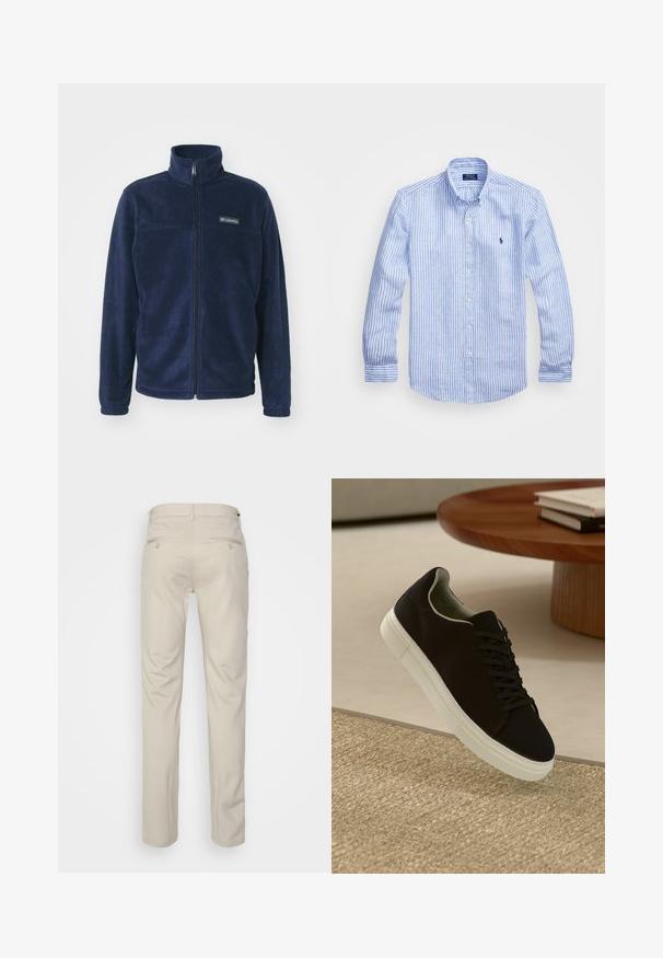 Mornarsko modra flis jakna z visokim ovratnikom, polnim sprednjim zadrgo in majhno oznako na levi prsih. Mehka tekstura in dolgi rokavi.; Modra in bela prugasta srajca z dolgimi rokavi iz bombaža, s kragnico na gumb, sprednjimi gumbi in majhnim izvezenim logotipom na prsih.; Bež hlače z gladko teksturo, ravnega kroja, dvema zadnjima žepoma z gumbi in standardnim pasom.; Črni športni copat z belim podplatom lebdi nad bež teksturiranim preprogam blizu okroglega lesenega mize z zloženimi knjigami.